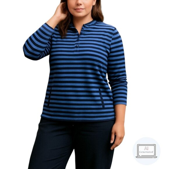 J JIll Fit Womens Elevate Terry Buttoned Popover Blue Stripe Mock Neck Petite L - Picture 1 of 14